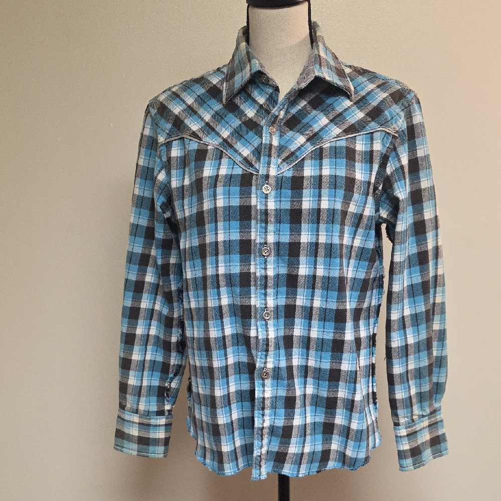 National Outfitters Turquoise Blue and Brown Plaid Shirt #82